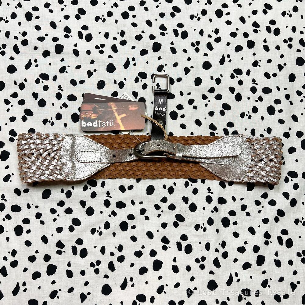 NEW Bed Stu | Silver Metallic Woven Braided Leather Statement Waist Belt Medium